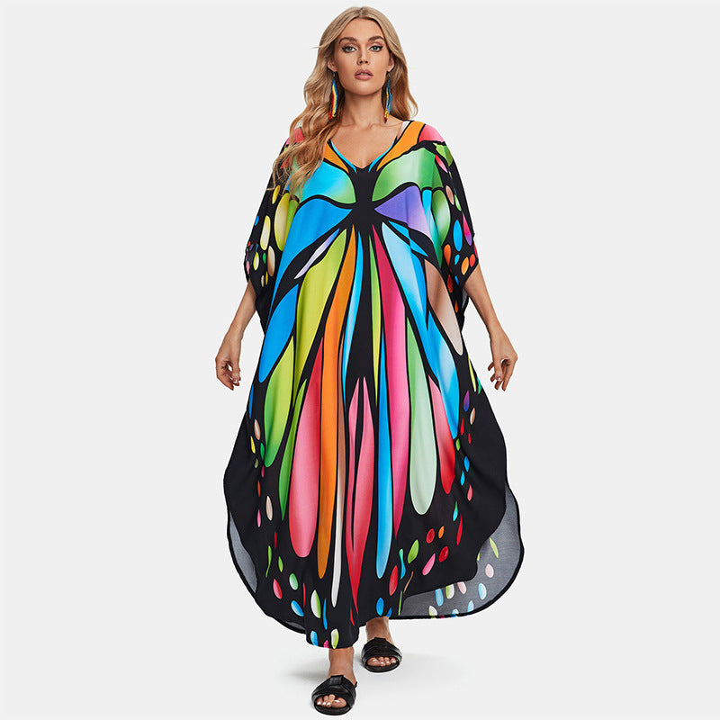 Rayon Printed Loose plus Size Robe Beach Cover up Vacation Maxi Dress Sun Protection Shirt Women Bella Mia