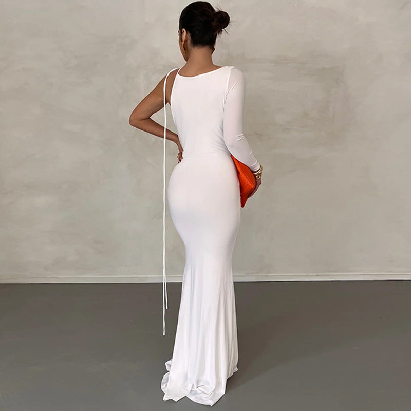 Women Clothing Autumn Winter Sexy Solid Color One Shoulder Slim Dress Bella Mia