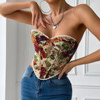 Street Retro Floral Print Corset Flounce Trim Lace Up French Minority Boning Corset Vest Bella Mia
