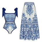 Bow Bandage Blue White Porcelain Printed One Piece Swimsuit Women Set Dress Bella Mia