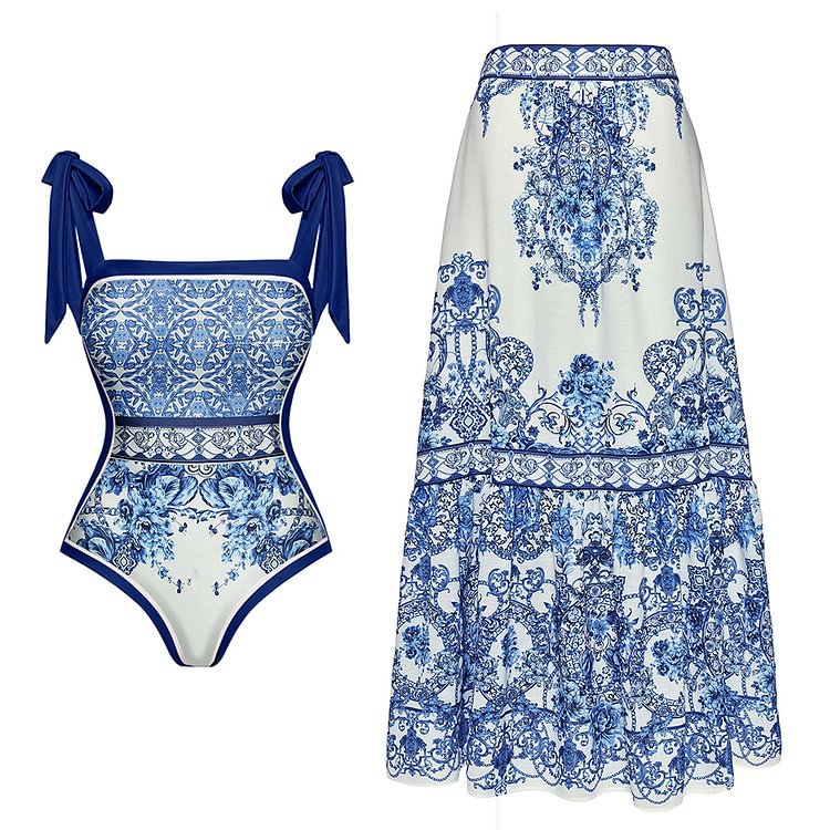 Bow Bandage Blue White Porcelain Printed One Piece Swimsuit Women Set Dress Bella Mia