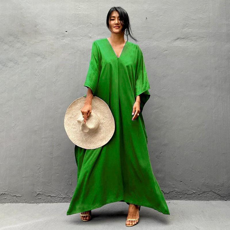 Rayon Loose Robe Beach Cover Up Sexy V Neck Headband Belt Sun Protection Dress Women Bella Mia