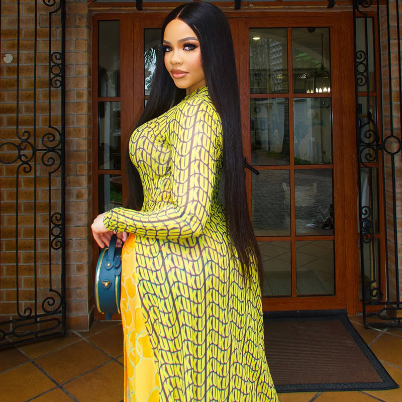 Stitching Women Printed Slim Fit Pleated Hip round Neck Long Sleeve Split Dress Bella Mia