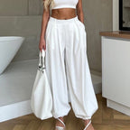 Women Clothing Simple All Match Loose Fit Tappered Trousers Pleated High Waist White Casual Pants Bella Mia