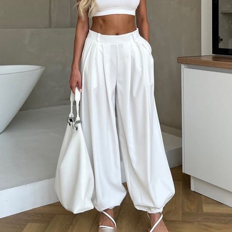 Women Clothing Simple All Match Loose Fit Tappered Trousers Pleated High Waist White Casual Pants Bella Mia