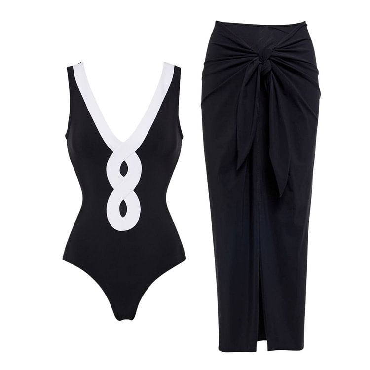 Black White Simple Hollow Out Cutout Out Swimsuit Women Skirt Set Bella Mia