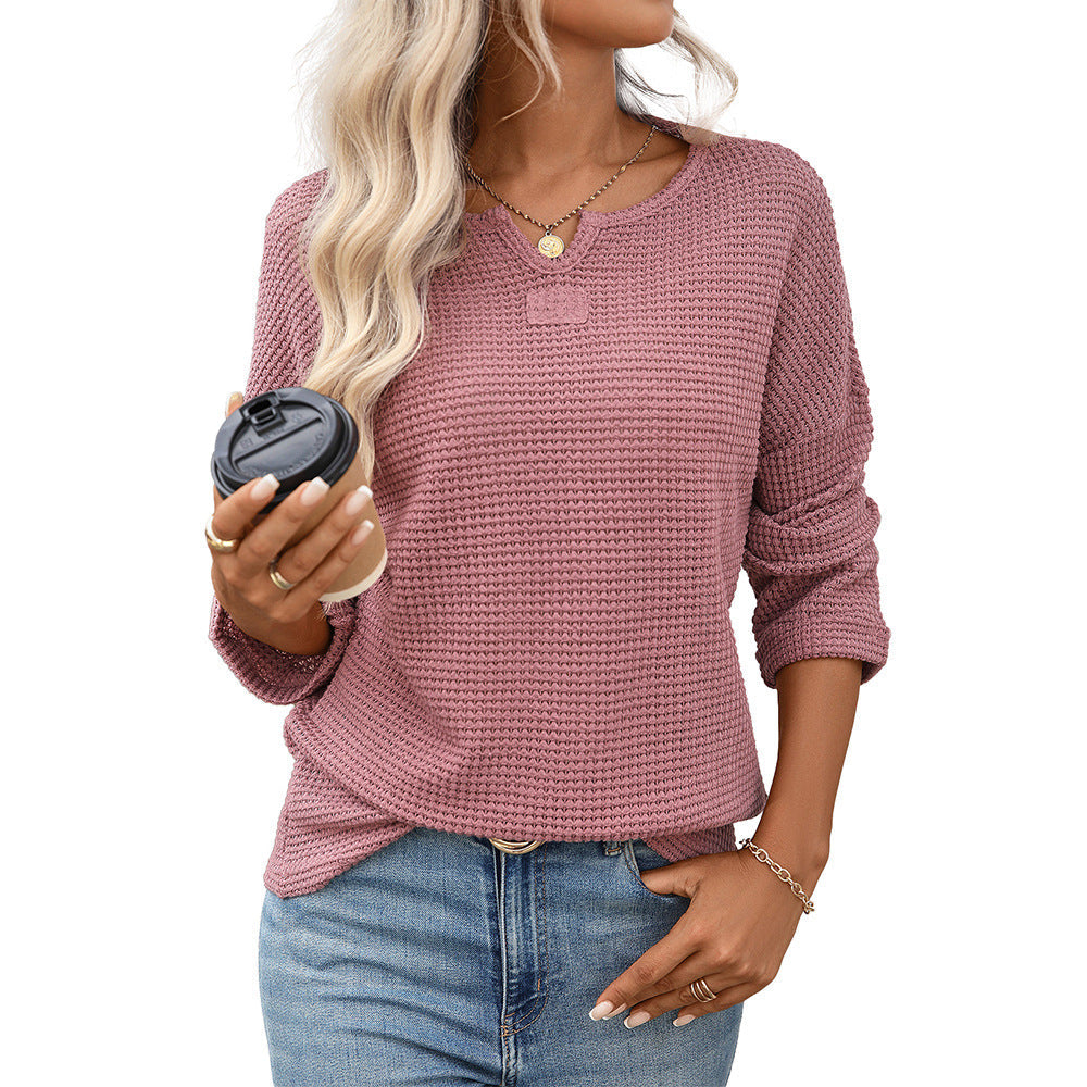Women Clothing Season Autumn Striped Waffle Knitted Top T shirt Women Bella Mia