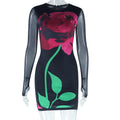 Women Clothing Dress Print round Neck Mesh Long Sleeve Narrow Pullover Dress Bella Mia