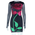 Women Clothing Dress Print round Neck Mesh Long Sleeve Narrow Pullover Dress Bella Mia
