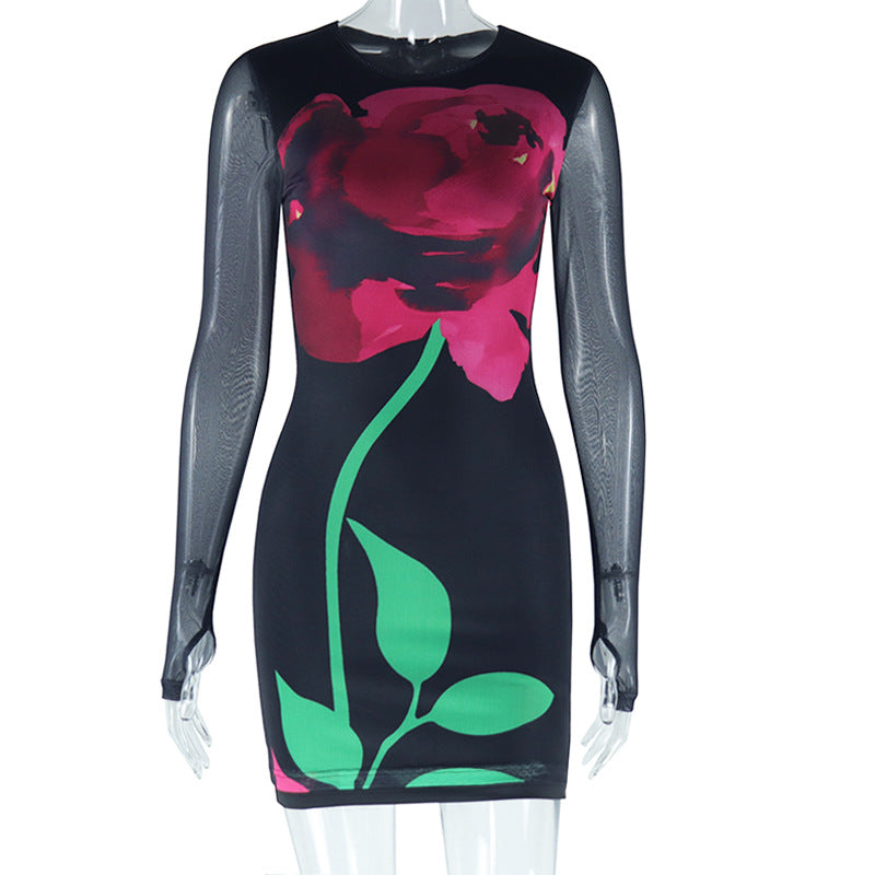 Women Clothing Dress Print round Neck Mesh Long Sleeve Narrow Pullover Dress Bella Mia