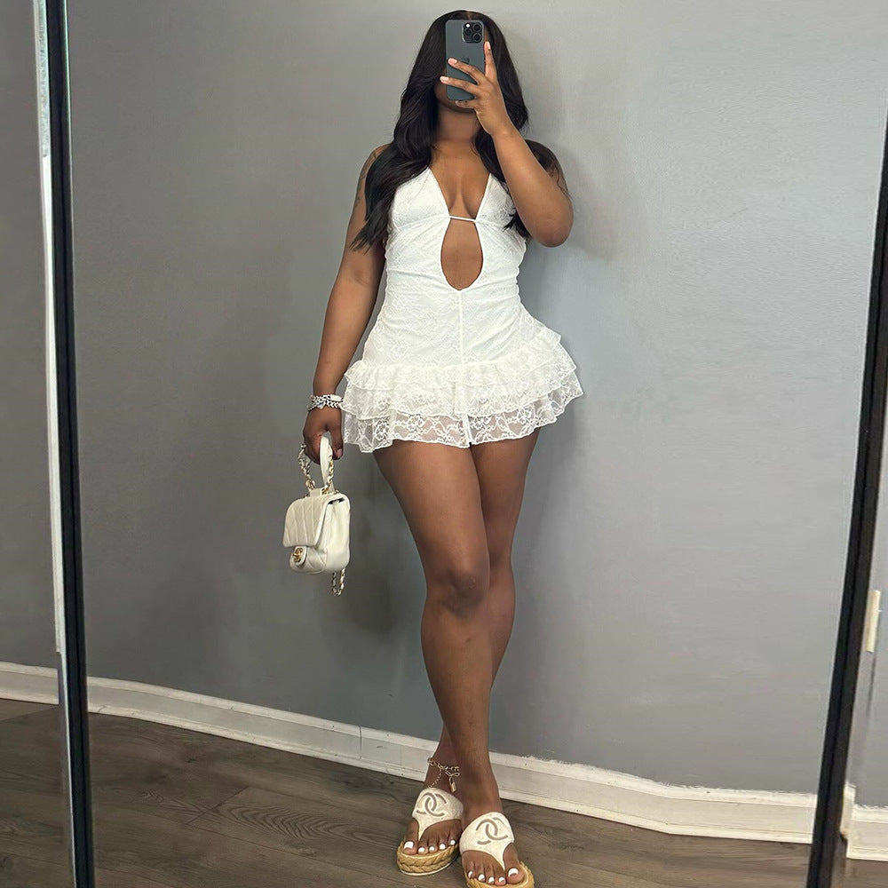 Sexy Women Clothing Dress Autumn Lace up Lace Cake Type Backless Sexy Bella Mia