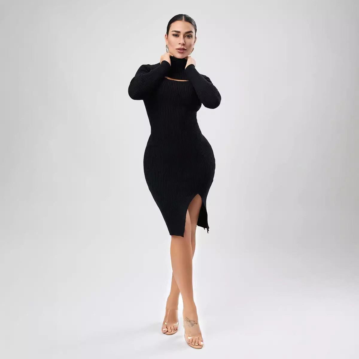 Autumn Women Clothing Half Turtleneck Chest Hollow Out Cutout Design Sweater Skinny Slimming Dress Bella Mia