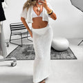 Short Sleeved Cardigan Hollow Out Cutout out Top Slim Fit Long Knitted Skirt Sun Proof Beach Skirt Bella Mia