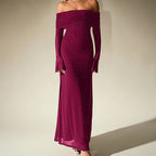 Mesh Silver Square Dress Sexy off Shoulder Flared Long Sleeve Dress Maxi Dress Bella Mia