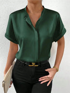 Women Solid Color Satin Short Sleeve Shoulder Stand Collar Short Sleeve Satin Shirt Bella Mia