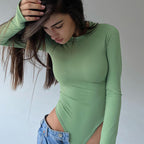 Spring Round Neck Long Sleeve Bottoming Skinny Solid Color Sexy Siamese Top Women Bella Mia