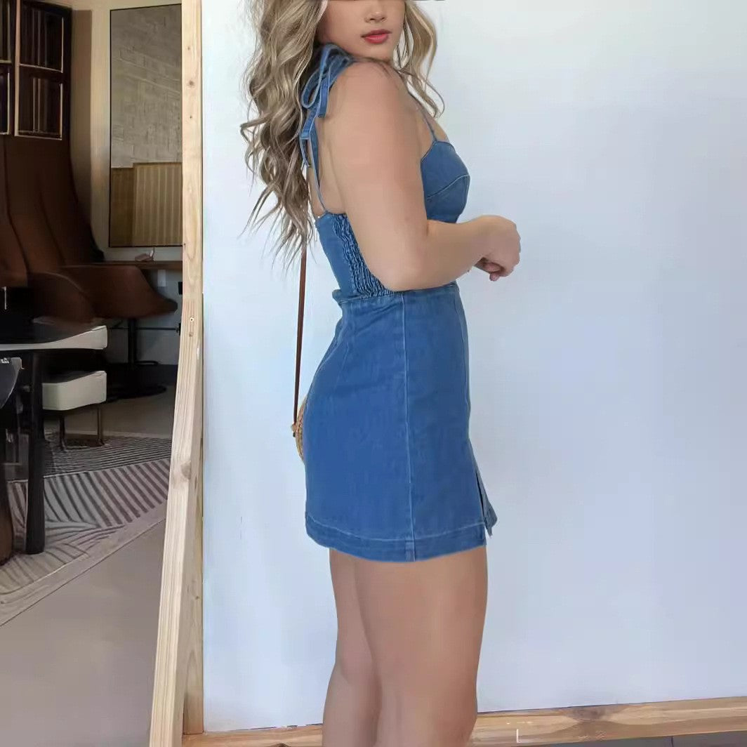 Summer Slim Fit Slit Sling Denim Dress Women Bella Mia