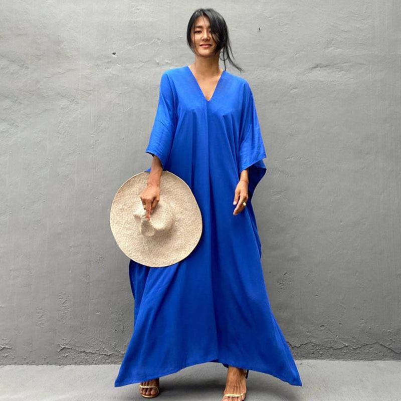 Rayon Loose Robe Beach Cover Up Sexy V Neck Headband Belt Sun Protection Dress Women Bella Mia