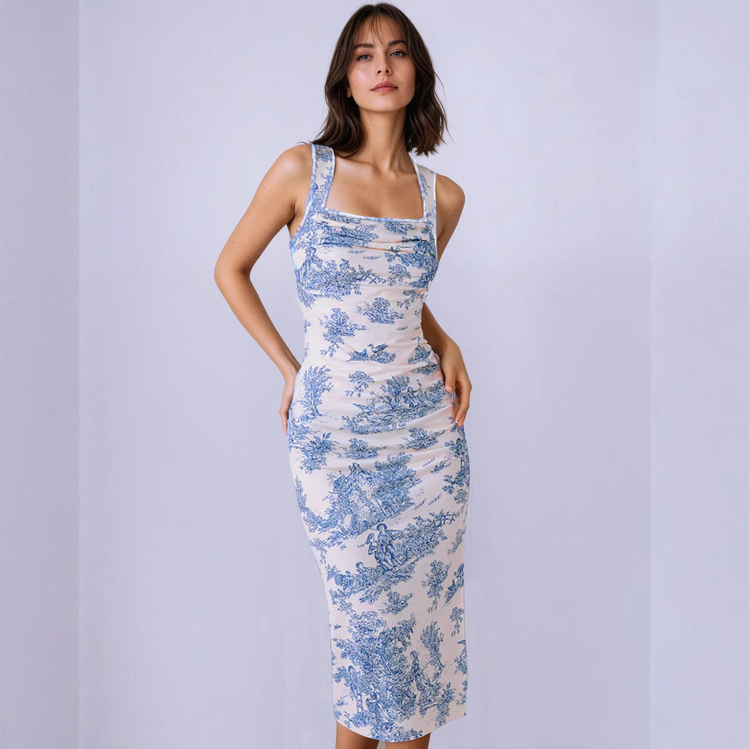 Summer Fresh Maxi Dress Square Collar Slimming Side Slit Sling Dress