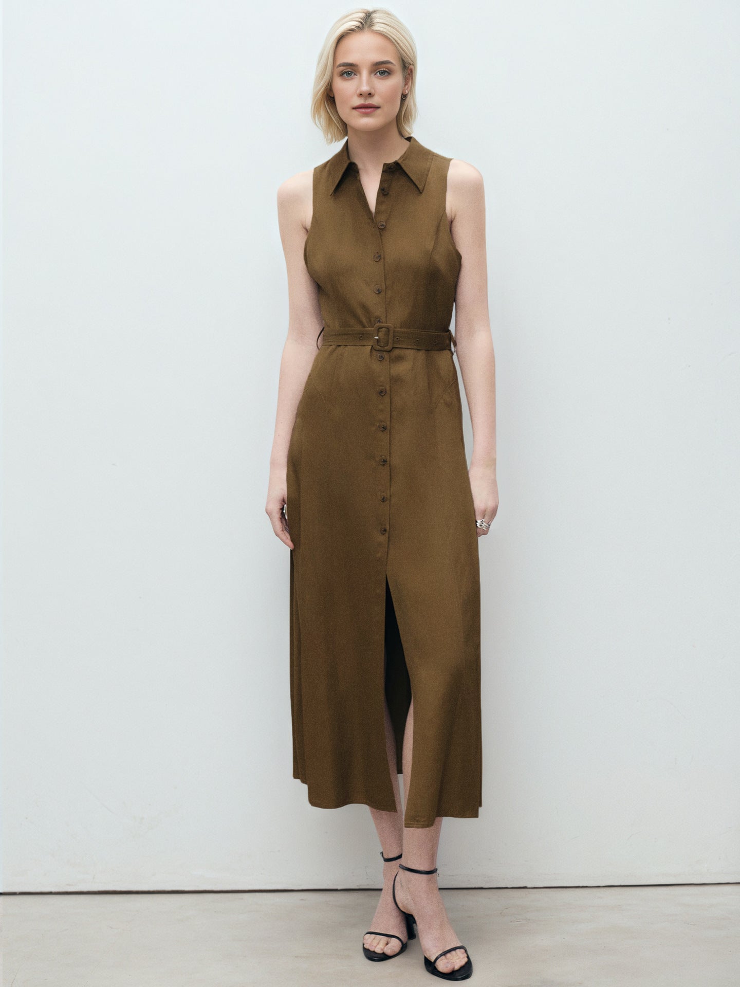 Summer Split Maxi Dress V neck Sleeveless Solid Color Waist Tight Dress Shirt Dress Simple Office