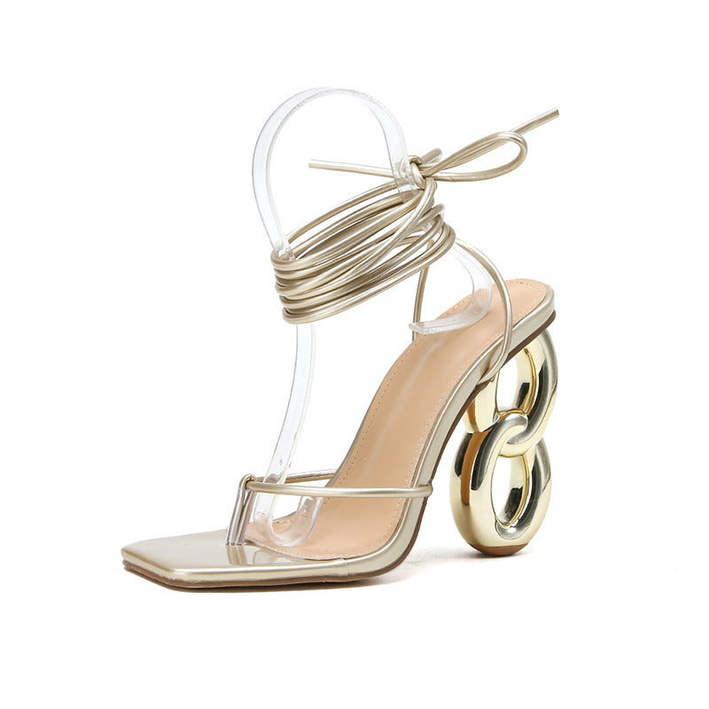 All Match Square Toe Elegant Sexy Flip Toe Profiled Heel Lace up High Heeled Sandals Women Summer Bella Mia