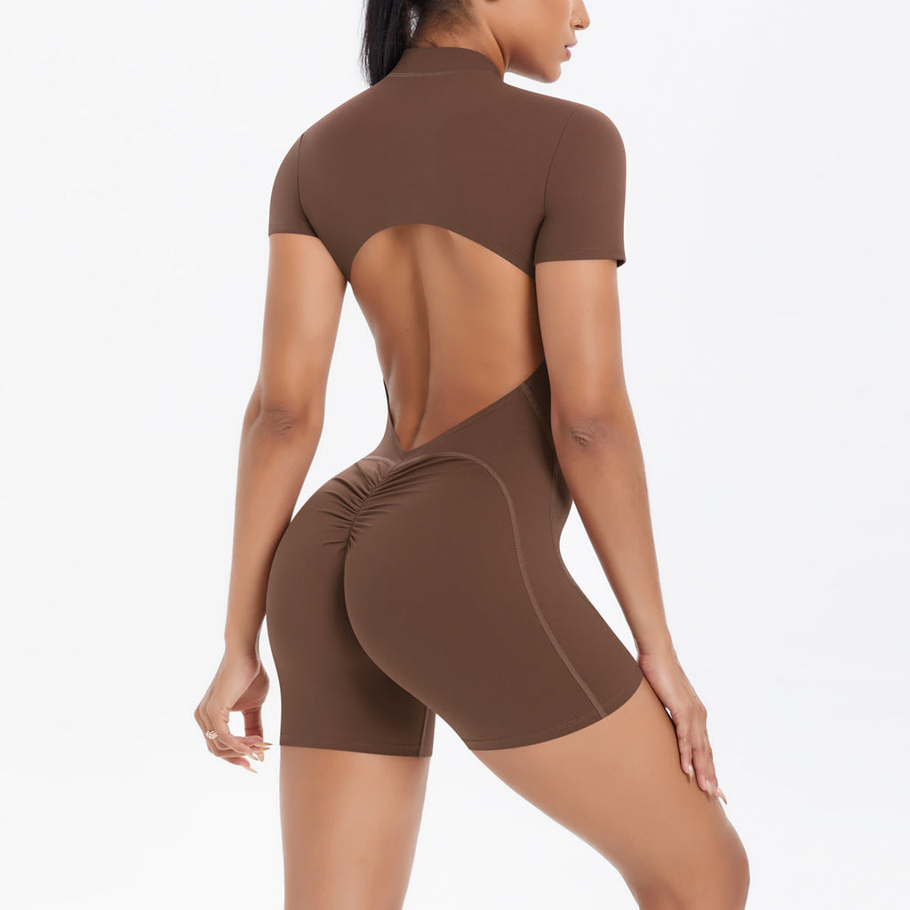 Hollow Out Cutout Beauty Back Short Sleeve Zipper Jumpsuit Peach Hip Sports Fitness Bare Back Jumpsuit Yoga Clothes for Women Bella Mia