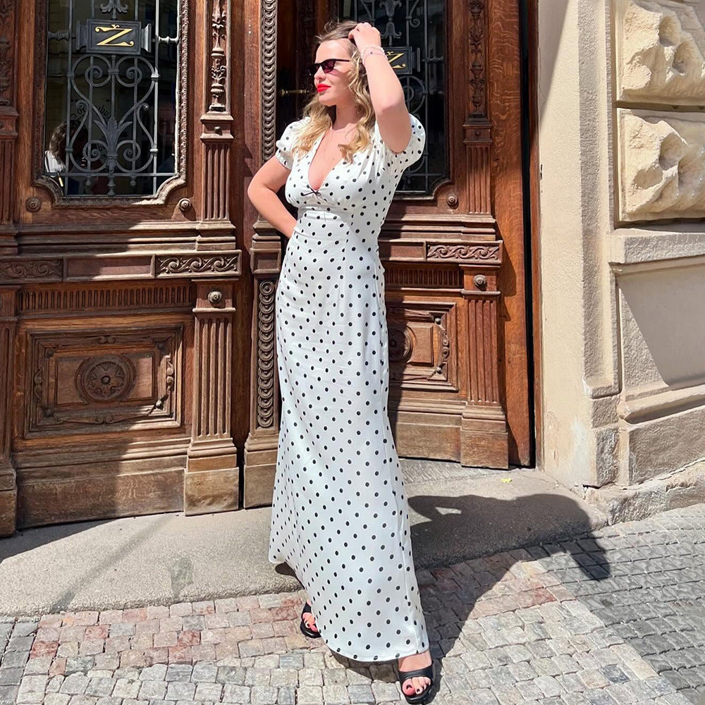 V neck Waist-Controlled Lace up Puff Sleeve Polka Dot Elegant Sexy Slim Dress Maxi Dress Bella Mia