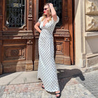 V neck Waist-Controlled Lace up Puff Sleeve Polka Dot Elegant Sexy Slim Dress Maxi Dress Bella Mia