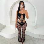 Women Spring Summer Lace Ribbon Padded Halter Lace up Tube Top Hollow Out Cutout-out Cropped Jumpsuit Bella Mia