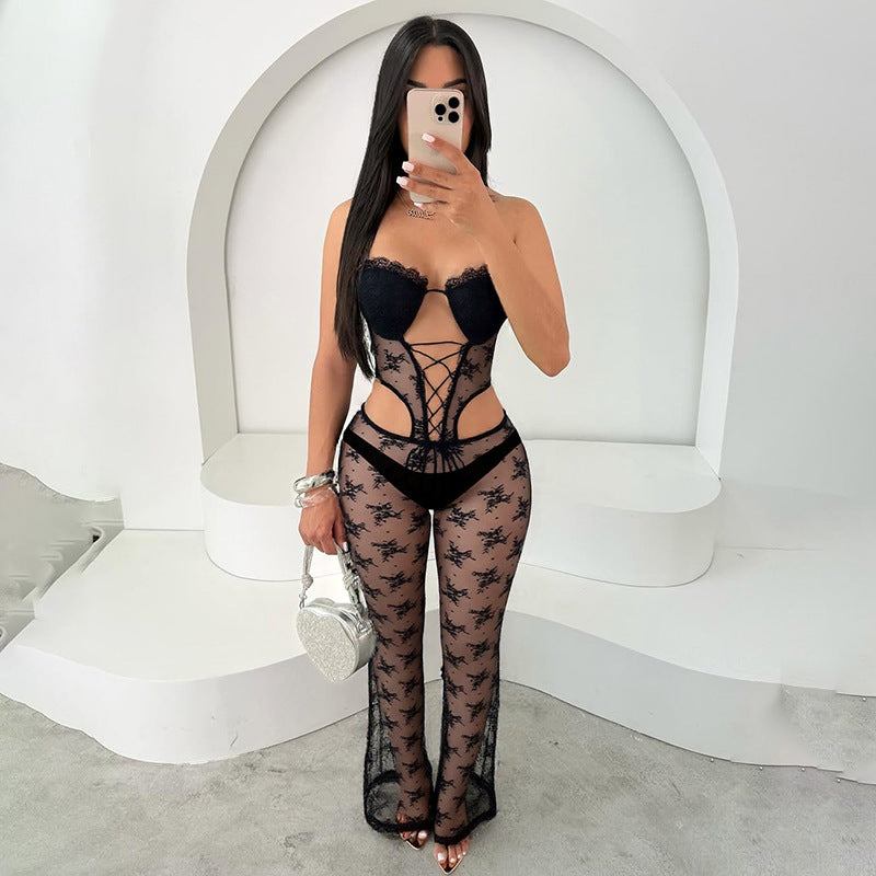 Women Spring Summer Lace Ribbon Padded Halter Lace up Tube Top Hollow Out Cutout-out Cropped Jumpsuit Bella Mia