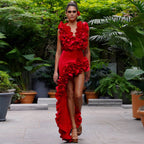 Popular Red Deep V Plunge Sexy Heavy Industry Lace One Piece Swimsuit Set for Women Bella Mia
