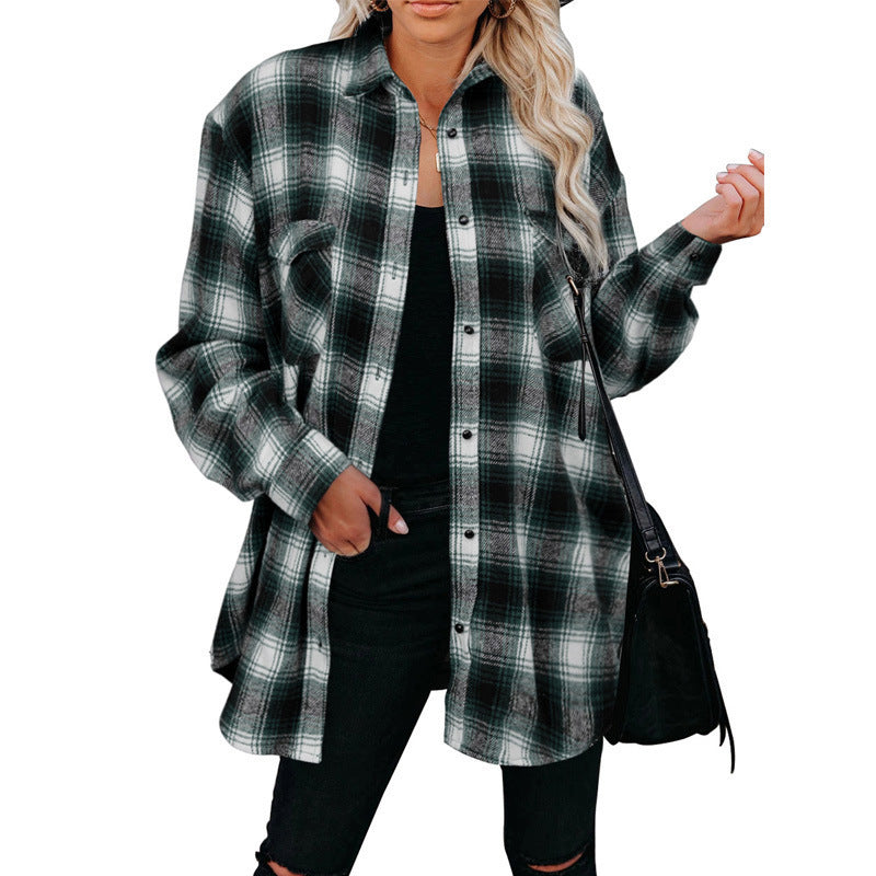Women Clothing Autumn Winter Plaid Shirt Mid-Length Loose Lapels Cardigan Shirt Bella Mia