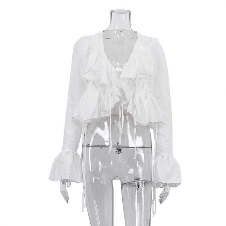 Women Clothing Spring Ruffled Flare Sleeve Tie Neck Top All Matching Shirt Bella Mia