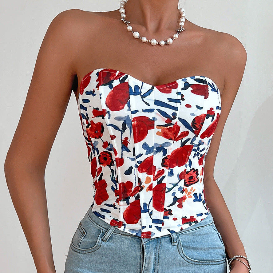 Sexy Low Cut Backless Floral Wrapped Chest Rhombus Boning Corset Waist Vest Bella Mia