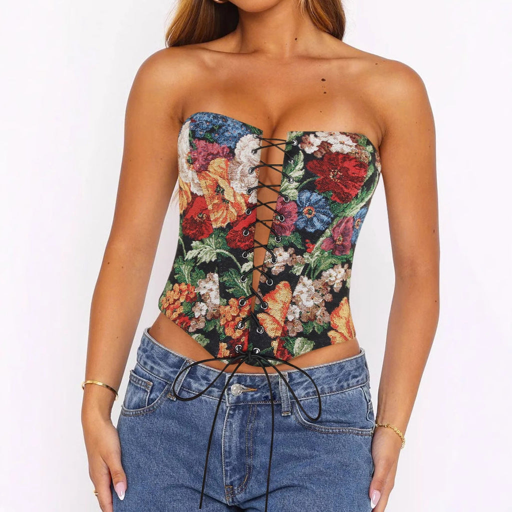Sexy Tube Top Strap Vest Women Irregular Asymmetric Short Cropped Outfit Printed Boning Corset Bra Sexy Top Bella Mia