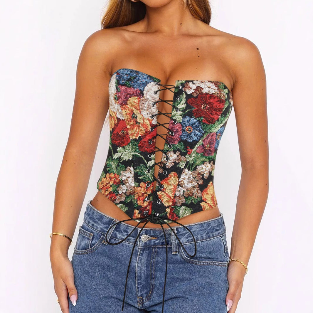 Sexy Tube Top Strap Vest Women Irregular Asymmetric Short Cropped Outfit Printed Boning Corset Bra Sexy Top Bella Mia