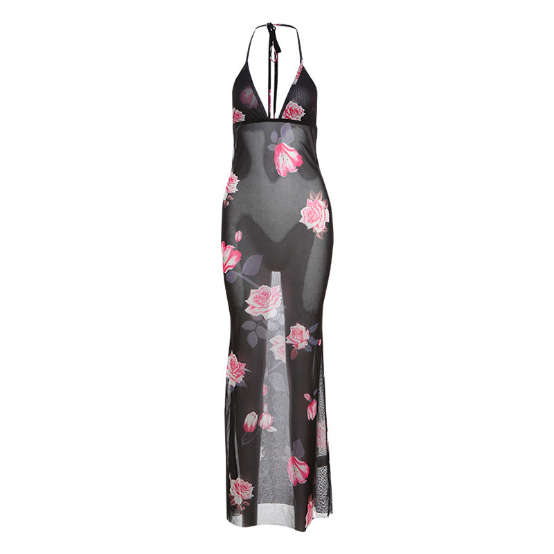 Summer Women Clothing Sexy V Neck Backless Personalized Stylish Print Halter Lace Up Dress Bella Mia