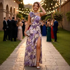 Summer Slim Fit Slimming Waist Slant Shoulder Floral Print Slit Maxi Dress Bella Mia