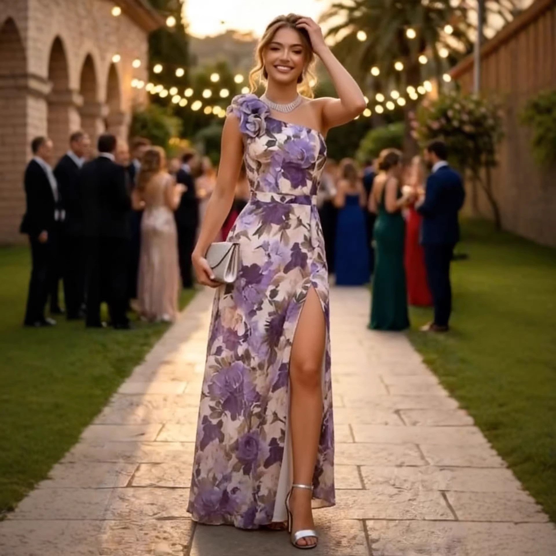 Summer Slim Fit Slimming Waist Slant Shoulder Floral Print Slit Maxi Dress Bella Mia