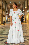 Autumn Puff Sleeve Embroidered Square Collar Swing Maxi Dress Beach Holiday Dress Women