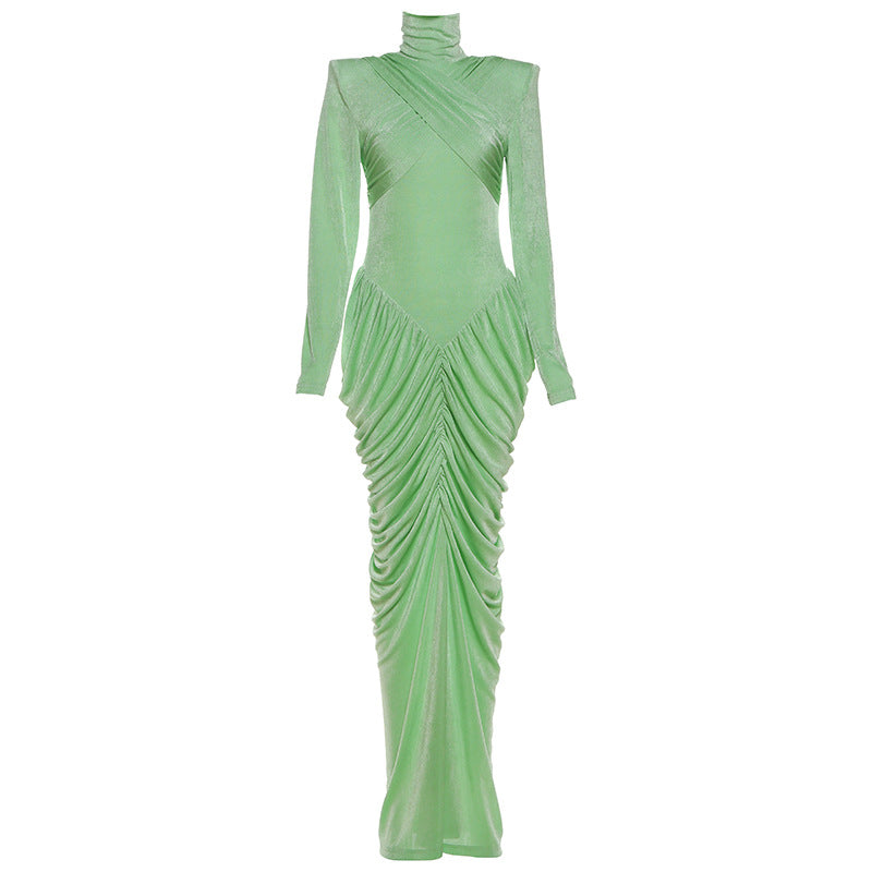 Fall Women Clothing Solid Color Turtleneck Backless Stitching Pleated Slim Fit Dress Bella Mia