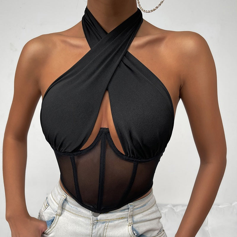 Criss Cross Summer Stitching Lace Halter Lace-up Wrapped Chest Steel Ring sexy Vest Boning Corset Boning Corset Corset Hollow Out Cutout Hollow Out Cutout Out Bella Mia