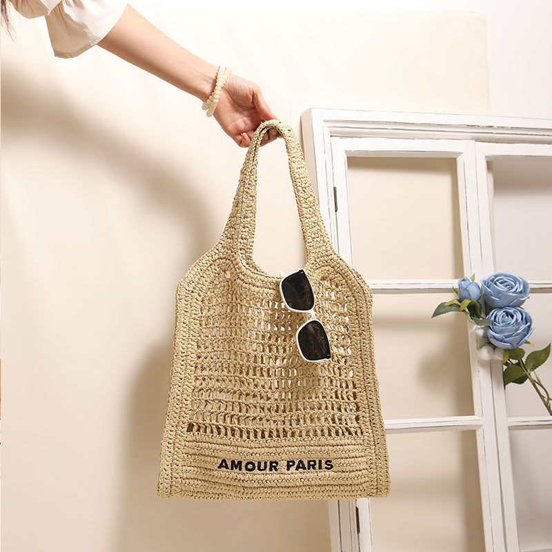 Summer Straw Woven Bag With Lace Up Pattern Suitable For Women Beach Vacation Beach Bag Bella Mia