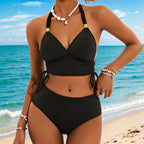 Tankini Solid Color Rib Fabric Lace up Sexy Bikini Split Swimsuit Swimwear Women Bella Mia