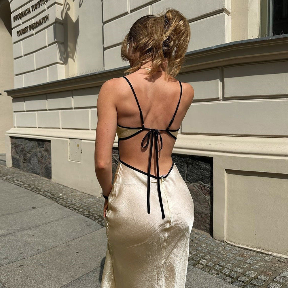 Spring Summer Sexy Women Clothing Dress Contrast Color Slim Fit Backless Halterneck with Suspenders Hip Dress Bella Mia