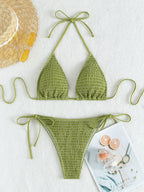 Printing Halter Spaghetti Straps Sexy Bikini Pleated Lace up Triangle Spring Split Swimsuit Bella Mia