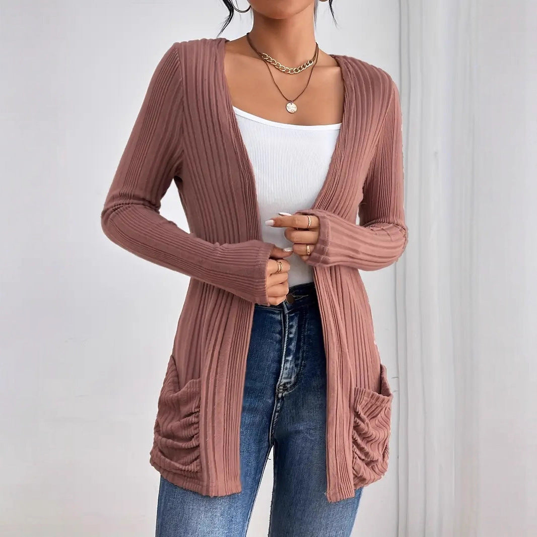 Autumn Winter Elegant Mid Length Long Sleeve Pocket Casual Loose Solid Color Needle Bella Mia