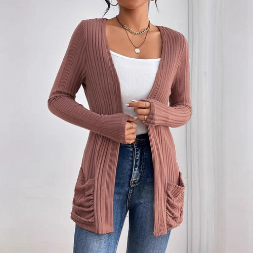 Autumn Winter Elegant Mid Length Long Sleeve Pocket Casual Loose Solid Color Needle Bella Mia