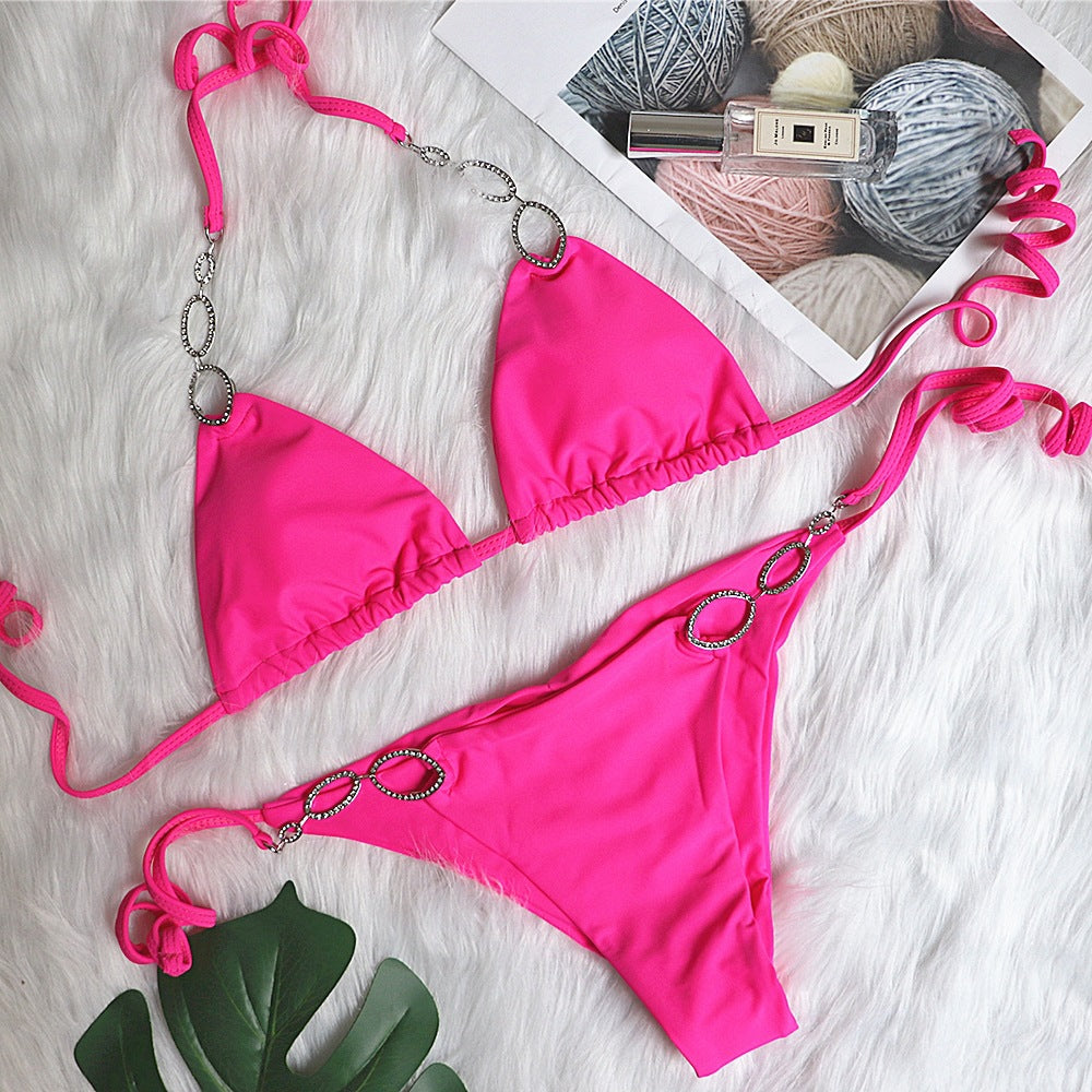 Bikini Sexy Metal Accessories Rhinestone Women Split Swimsuit Plain Bandage Swimsuit Bella Mia