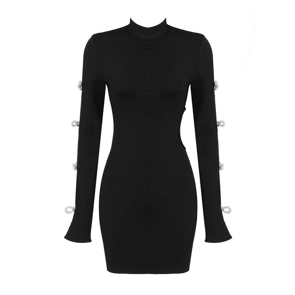 Summer Black Long Sleeve Bowknot Hollow Out Cutout Dark Pattern Cropped Outfit Mini Hip Sexy Women Clothing Dress Bella Mia